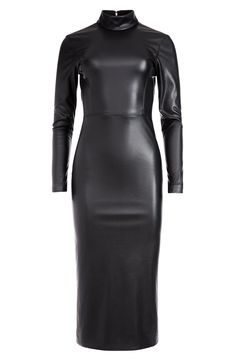 An exposed zipper splits the back cutout of this fitted dress that has a statuesque mock neckline and a sleek faux-leather feel. 43" length (size 4) Mock neck Long sleeves Lined 100% polyurethane Dry clean Imported Leather Dress Women, Leather Midi Dress, Designer Midi Dresses, Mock Neck Dress, Faux Leather Dress, Alice And Olivia, Open Back Dresses, Leather Dresses, Leather Outfit