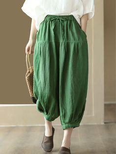 Plus Size Women Summer Solid Pocket Pleat Drawstring Harem Pants Spring Harem Pants With Drawstring, Spring Relaxed Fit Harem Pants With Drawstring, Loosely Fitted Ankle-length Harem Pants With Drawstring, Green Tapered Leg Parachute Pants For Spring, Baggy Green Bottoms With Drawstring, Spring High Waist Harem Pants With Drawstring, High-waist Harem Pants With Drawstring For Spring, High Waist Harem Pants With Drawstring For Spring, Spring Drawstring Trousers