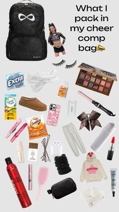 My cheer comp bag!! Cheer Bag Essentials For Comp, Cheerleading Bag Essentials, Cheer Mom Essentials, What To Put In Your Cheer Bag, Cute Cheer Hairstyles, Cheer Hairstyles