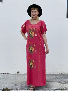 "Burnt red vintage mexico dress 90s, floral embroidery kaftan, cross stitch flowers maxi dress, bohemian dress style, fiesta san antonio, mex Lovely 90's Mexican dress for women. Floral hand embroidered in a cross stitch style. Dress features a comfortably relaxed maxi length A-line silhouette with no closures, pulls on overhead. Perfect for spring, summer dress, mexican parties, mexican wedding guest outfit, beach dress, cinco de mayo party, san antonio fiesta festivities, charro days etc. Made Red Embroidered Maxi Dress For Festival, Red Embroidered Summer Maxi Dress, Red Folk Style Maxi Dress, Red Embroidered Maxi Dress For Summer, Red Embroidered Floor-length Maxi Dress, Red Hippie Maxi Dress For Spring, Bohemian Red Embroidered Short Sleeve Dress, Red Bohemian Embroidered Short Sleeve Dress, Folk Style Red Maxi Dress