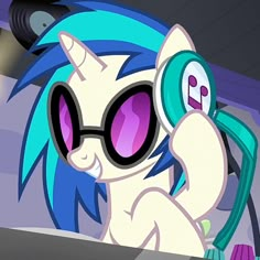 a pony with blue hair and pink glasses