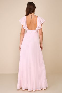 You'll stun all evening in a look that's ""maid"" to impressâ€”the Lulus Ideal Occasion Pink Pleated Flutter Sleeve Backless Maxi Dress! Lightweight accordion-pleated chiffon shapes short flutter sleeves with elastic at the shoulders. V-neckline tops a flattering bodice with an open back and a banded waist. Skirt has an A-line silhouette and falls to a maxi hem Hidden zipper/clasp at the back. Fit: This garment fits true to size. Length: Floor length. Size medium measures 54.5" from shoulder to Light Pink Dress Formal Long, Pastel Pink Wedding Theme Bridesmaid Dresses, Modest Pink Bridesmaid Dresses, V Neck Maxi Dress With Sleeves, Baby Pink Maxi Dress, Pink Baby Shower Dress For Mom, Light Pink Bridesmaid Dress, Pastel Long Dress, Tulle Pink Dress