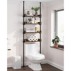 a bathroom with a toilet and shelving unit