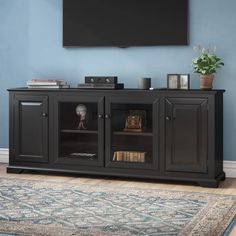 an entertainment center with a flat screen tv mounted on the wall and a rug in front of it