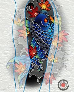 an artistic tattoo design with a fish on it's arm and flowers in the background