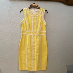 Yellow Dress With White Trim Yellow Lined Fitted Midi Dress, Yellow Fitted Lined Midi Dress, Yellow Fitted Midi Dress With Lining, Yellow Fitted Midi Dress, Lined, Spring Calvin Klein Fitted Midi Dress, Fitted Calvin Klein Midi Dress For Spring, Calvin Klein Fitted Midi Dress For Spring, Spring Fitted Calvin Klein Dress, Calvin Klein Sheath Dress For Spring