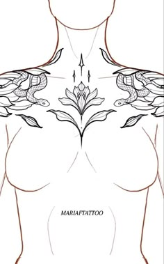 the back of a woman's chest with flowers on it and arrows pointing up