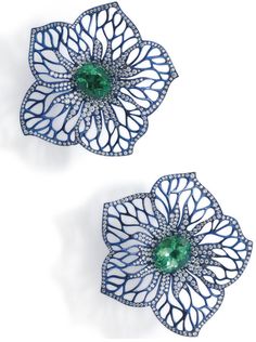 An impressive pair of titanium, emerald and diamond flower earclips. Each flower set to the centre with an oval mixed-cut emerald, total weight approximately 12.03 carats, to undulating petrol blue titanium petals of openwork design pavé-set with diamond highlights, collapsible post fittings and clips, diameter 5.7 mm. Via Phillips. Gemstone Art, Titanium Jewelry, Lace Earrings, Color Stones, Petrol Blue, Wireframe, Trendy Earrings, Diamond Flower