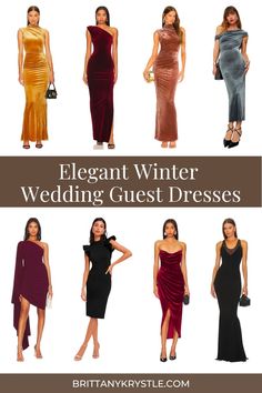 elegant winter wedding guest dresses in different colors and styles, with text overlaying the image