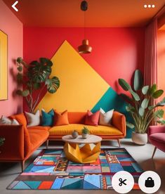 a living room filled with furniture and colorful walls