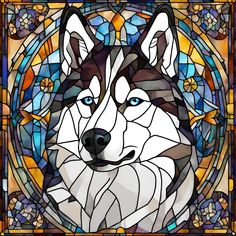 a stained glass window with a husky dog