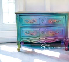 Tanglewood Works Custom Hand Painted Nightstand Whimsical Painted Furniture End Tables, Fantasy Painted Furniture, Pastel Painted Furniture, Multicolor Dresser, Diy Nightstand Ideas Repurposed, Dresser Ideas Diy, Dresser Painting Ideas, Unicorn Spit Furniture, Mermaid Furniture