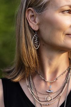 A fun pair of statement earrings, this artisan design rests at approximately 1.75" from sterling silver ear wires. Antique Silver Plated Brass (Lead & Nickel Free) Crystal 2.25" with sterling silver ear wires We hand select our natural materials, thus there may be slight variations in color and/or size that will not detract from the overall aesthetic. Our unique handcrafted designer jewelry for women is made in America, each design created individually in our personal design studio in Floyd, VA Bohemian Teardrop Earrings Nickel Free For Everyday, Bohemian Nickel-free Linear Earrings As Gift, Bohemian Style Nickel Free Linear Earrings As Gift, Silver Hypoallergenic Beaded Drop Earrings, Unique Silver Beaded Drop Earrings, Artisan Long Drop Pierced Jewelry, Bohemian Silver-plated Drop Earrings, Wire Wrapped Long Drop Earrings For Everyday, Pierced Sterling Silver Beaded Earrings As Gift