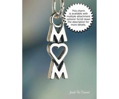 This solid sterling silver charm is of the word MOM, using a heart for the letter O.  A sweet gift idea for a much loved mom, new mommy or an expectant mother-to-be!  The charm measures approximately 17mm tall and 5mm wide.  This listing contains multiple photos and a detailed description (keep scrolling down for additional information!) If you have any other questions, please don't hesitate to ask.Material: solid .925 sterling silverSize (mm): 17mm tall and 5mm wideSize (inches): a little more Sterling Silver Initials Charms For Gifts, Silver Charms For Mother's Day Personalized Gift, Mother's Day Charms For Mom, Mother's Day Charms Gift For Mom, Mother's Day Gift For Mom Charms, Silver Heart Pendant Charms For Mother's Day, Mother's Day Silver Heart Pendant Charm, Personalized Sterling Silver Charms For Mother's Day, Sterling Silver Charms For Mother's Day Personalized Gift