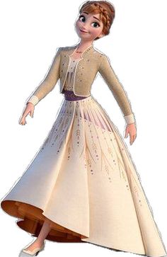 an animated image of a woman in a white dress with brown trims and long sleeves