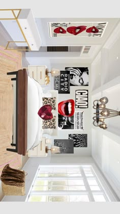 the interior of a bedroom with white walls and flooring is decorated in black and white