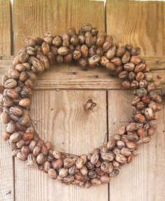 a wreath made out of nuts hanging on a wooden door