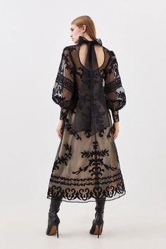 Baroque Applique Woven Maxi Dress | Karen Millen Party Dress With Sheer Balloon Sleeves, Wedding Midi Dress With Sheer Sleeves, Elegant Dress With Embroidered Long Sleeves, Elegant Embroidered Midi Dress For Evening, Elegant Embroidered Midi Length Dress For Wedding, Elegant Lantern Sleeve Maxi Dress For Party, Elegant Embroidered Wedding Midi Dress, Elegant Long Sleeve Dress With Embroidered Sleeves, Elegant Formal Embroidered Midi Dress