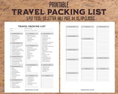 the printable travel packing list is shown in front of a wooden board with text on it