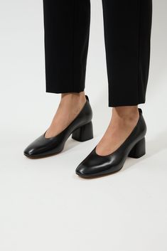 Pre-order with 20% off until August 20th Ships out on August 26th Heel height 2.4in Genuine leather Lining - Calf leather Crafted from high-quality materials, Georgia heels feature a sleek, timeless design that complements any outfit. The pointed-toe silhouette adds an elegant touch, while the sturdy block heel provides stability and all-day comfort. The smooth, supple upper ensures a luxurious feel, making these heels a standout addition to your collection. Sleek Black Medium Width Kitten Heels, Black Kitten Heels With Buckle Closure, Black Slip-on Calf Leather Heels, Chic Black Kitten Heels With 4-inch Heel, High-end Black Kitten Heels For Evening, Winter Sandals, Casual High Heels, Strappy Pumps, Wedge Loafers