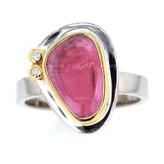 the striking Pink Tourmaline centerpiece of this designer wedding ring is beautifully accentuated by the inlaid diamond petals and the 24K solid Gold cup holders against and the simplicity of the band this statement piece, executed in rhodium plated Sterling Silver and 24K Solid Gold stands out with its organic balance of color and design locally designed and handcrafted in rhodium plated Sterling Silver with 24k solid Gold accents approximate overall Tourmaline dimensions 1/2" x 3/8" size 7 ove Custom Diamond Jewelry, Simple Jewellery Designs, Ring Jewellery Design, Vintage Jewelry Ideas, Sterling Silver Wedding Band, Wedding Ring Designs, Diamond Jewelry Designs, Silver Wedding Bands, Jewelry Design Earrings