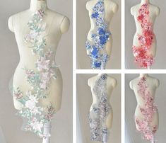 four mannequins with different colored flowers on them