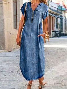 Women's 2024 Vintage Denim Dress V-Neck Half Zipper Short Sleeve Denim Maxi Dress Denim Dress Style, Dress Upcycle, Denim Dresses Online, Midi Dresses For Women, Plain Maxi Dress, Blue Denim Dress, Straight Clothes, Womens Denim Dress, Dresses Ladies