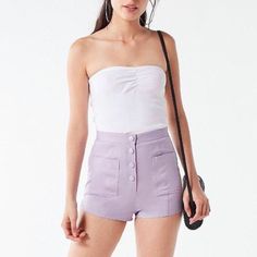 These Brand New Shorts Have So Much Personality. These Are Lilac High Waisted Shorts With Great Snap Up Front With Great Cover Buttons Up The Front. They Have Two Front Patch Pockets For Added Detail. They Are Light Weight And Have Stretch For Easy Wear. Just Added Your Favorite Top. Waist Flay Lay 15.5 Inches Inseam 1 Inch Size Large 502 Fitted High Waist Summer Shorts, Summer High-waisted Fitted Bottoms, Purple Fitted Shorts For Summer, Fitted High Waist Summer Bottoms, Fitted High-waist Summer Bottoms, Fitted Purple Shorts For Summer, Fitted Purple Summer Shorts, Chic Purple Short Bottoms, Chic Short Purple Bottoms