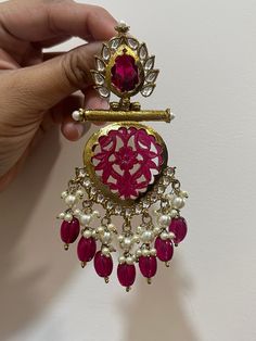 Beautiful dangler earrings with Kundan gold detailing available in  stunning Pink color ! They add elegance to every outfit! Kundan Meenakari Bridal Earrings For Celebration, Elegant Kundan Necklace With Latkans For Party, Wedding Navratri Danglers With Intricate Design, Wedding Danglers For Navratri With Intricate Design, Wedding Danglers With Intricate Design For Navratri, Traditional Gold Plated Cutdana Earrings, Fusion Style Chandbali Pearl Earrings With Meenakari, Bridal Meenakari Temple Jewelry Drop Earrings, Elegant Bridal Earrings With Cutdana