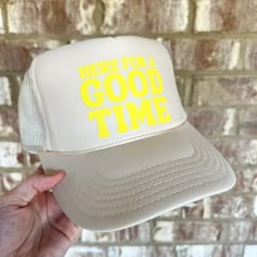 Here for a Good Time Foam Trucker Hat Bachelorette Summer Hats Custom Hats Cowboy Hat Trip Beach Boat Custom Trucker Hat - Etsy Retro Summer Trucker Hat With Wide Brim, Retro Wide Brim Trucker Hat For Summer, Trendy Adjustable Brimmed Trucker Hat, Retro Adjustable Mini Hat With Flat Brim, Adjustable Cream Trucker Hat With Short Brim, Cream Adjustable Trucker Hat With Short Brim, Cream Flat Brim Baseball Cap For Summer, Beach Trucker Snapback Hat With Short Brim, Summer Snapback Hat With Flat Brim