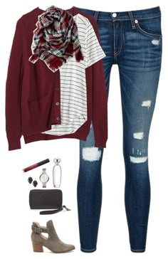 jeansbroek, botjes, handtas, horloge, parfum, lipgloss, oorbellen, t shirt, giletje, sjaal #FallFashionTrends Red Plaid Scarf, Burgundy Cardigan, Stitch Fix Outfits, Mode Casual, Thursday Night, Stitch Fix Inspiration, Fall Clothes, 가을 패션, Fall Fashion Trends