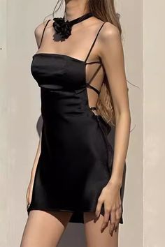 black satin backless strappy dress, sleek mini dress, sexy short dresses, boogzel clothing Black Backless Dress Short, Satin Dress Outfit, Backless Dress Black, Sleek Back, Backless Dress Short, Egirl Clothes, Black Backless Dress, Girl Aesthetics, Dark Coquette