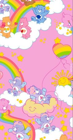 there are many teddy bears flying in the sky with rainbows and stars on it