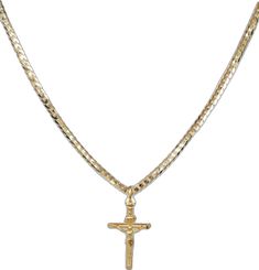 Gold Plated Crucifix Necklace, Gold Plated Cross Chain Necklace, Gold Crucifix With Figaro Chain Jewelry, Gold Cross Pendant Necklace With Box Chain, Crucifix Cross Necklace With Box Chain, Gold Cross Necklace With Box Chain, Spiritual 14k Gold Crucifix Necklace, Yellow Gold Cross Pendant Chain Necklace, Gold Crucifix Necklace In 14k Gold