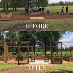 before and after photos of a garden with raised beds, fenced in area and people walking around