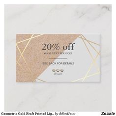 a white and gold gift card with the text 20 % off your next purchase see back for details