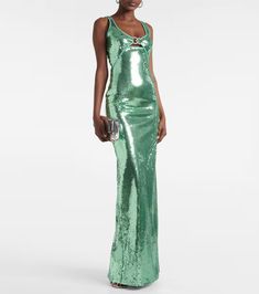 Sequined gown in green - David Koma | Mytheresa Silk Sequin Maxi Dress For Party, Silk Maxi Dress With Sequins For Party, Luxury Fitted Green Maxi Dress, Bottega Green, Im A Celebrity, Fashion Show Inspiration, Spring Knitwear, Sequined Gown, Mac Duggal Dress