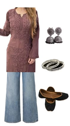 Simple Chikankari Kurti, Indian Daily Wear Outfit Ideas, Indian Kurti Outfits, Kurti With Jeans Outfit Ideas, Trendy Kurtis With Jeans, Kurti And Jeans Outfit, Kurti Jeans Outfit, Jeans And Kurti, Top For Jeans