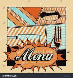 an abstract menu design with food and drink items on the table, in retro style