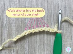 the crochet hook is hooked up to work stitches into the back humps of your chain