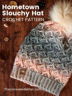 a crochet hat with a pom - pom on top and text that reads