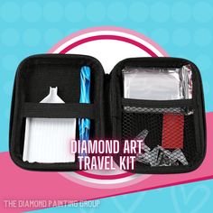 the diamond art travel kit is packed in a black case