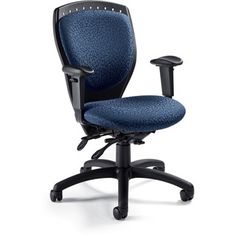 an office chair with blue fabric upholstered to the back and arms, viewed from the front