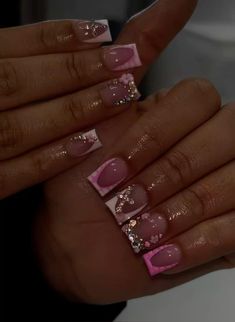 Nails For 15 Birthday Short, 16 Birthday Nail Ideas, Short Nails With Gems Rhinestones, Short Junk Nail Designs Acrylic, Nail Designs Pink Short, Nails With A Lot Of Charms, Short Pink Nails Acrylic, Birthday Nail Designs Short, Short Nail Designs French Tips