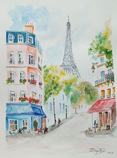 watercolor painting of the eiffel tower in paris, france with people walking down the street