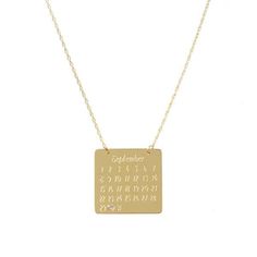 A unique twist on the traditional monogram, our custom calendar necklace will have the date of your choice punched out with a heart or overlayed with a diamond chip. Measurements (approximate): Pendant - 3/4"; on a 16" chain with a 3" extender Materials: Gold vermeil, sterling silver Engraved Initial Pendant Birthstone Necklace For Anniversary, Engraved Charm Necklace For Anniversary With May Birthstone, Engraved Square Pendant Necklace For Anniversary, Elegant Hand Stamped Nameplate Necklace, Customizable Adjustable Birthstone Necklace For Anniversary, Personalized Engraved Square Pendant Charm Necklace, Personalized Engraved Square Charm Necklace, Personalized Charm Necklace For Anniversary With Square Pendant, Personalized Charm Necklace With Square Pendant For Anniversary