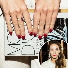 a woman's hands with red nail polish on them and a photo of her nails