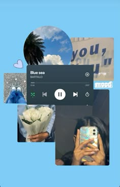 a collage of photos with flowers and blue sky in the background, one person holding a cell phone