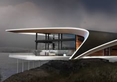 an artistic rendering of a modern house on the edge of a cliff by the ocean