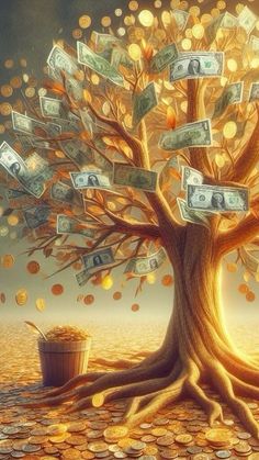 a tree with money falling from it and a bucket full of coins in the foreground